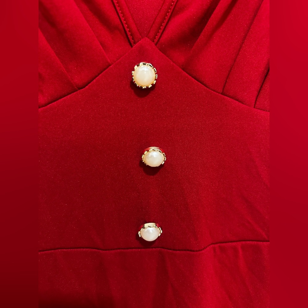 Long Red Dress With Sewn On Pearls and Puffed Sleeves - Picture 6 of 13